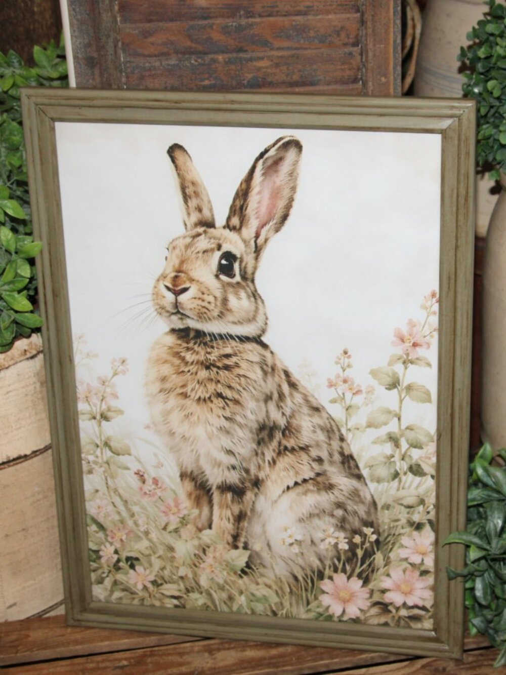 NEW Large Bunny Rabbit & Floral French Country Farmhouse Wall Decor Picture